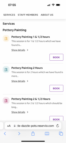 Booking screen for Pottery Painting